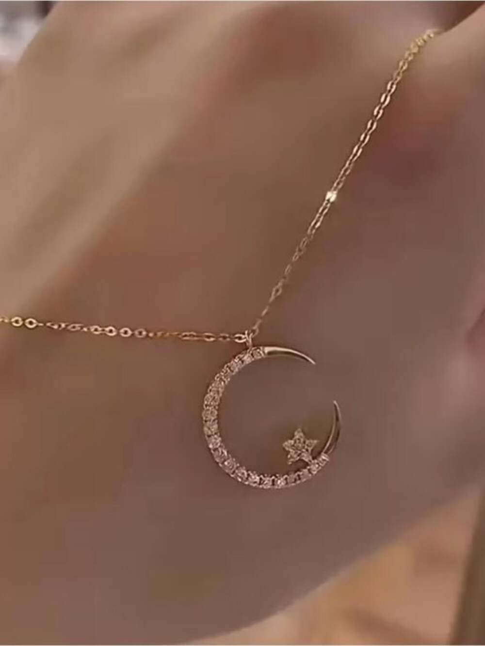 Crescent Moon and Star Pendant Necklace in Rose Gold - Picture 2 of 6